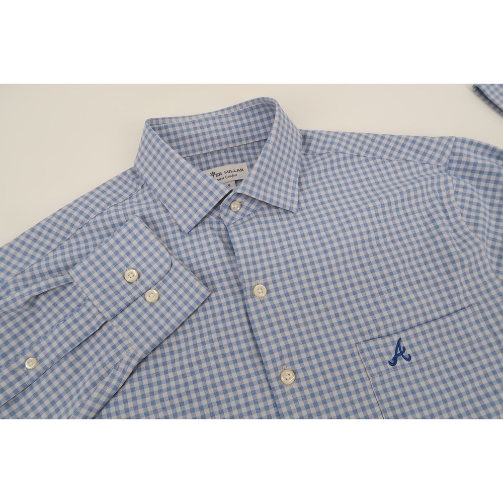 Peter Millar Atlanta Braves Summer Comfort Mens Small Blue Gingham Checks‎ Shirt